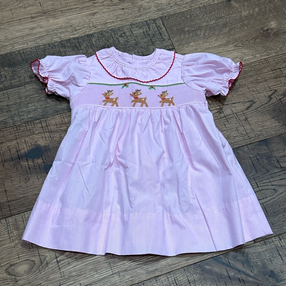 Baby Sen by Remember Nguyen Pink Dress with Smocked Reindeer Embroidery